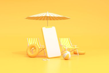 Şemsiyeli plaj sandalyeleri ve akıllı telefonlardan oluşan boş ekran, yaz konsepti, asgari sahne. 3B görüntüleme.