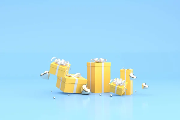 Renderização Caixas Presente Amarelas Flutuantes Fundo Azul — Fotografia de Stock