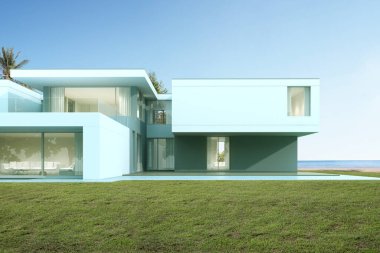Çimenlik bahçesi deniz arka planında, dış görünüşü modern lüks evin manzarası. 3d oluşturma.