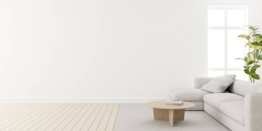 3 boyutlu modern oturma odası ahşap zemin ve geniş beyaz düz duvar, minimum kanepe seti..