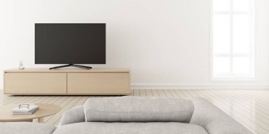 Ahşap dolapta kanepe ve televizyon ekranı olan modern oturma odasının 3 boyutlu canlandırması.