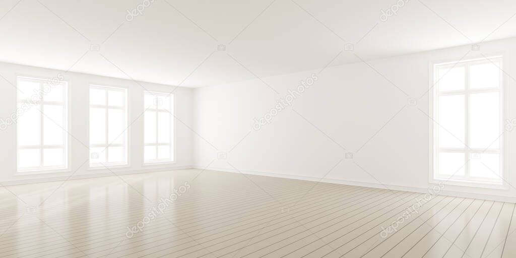 3d render of modern empty room with wooden floor and large white plain wall.