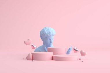 Kalp balonları, insan heykeli ve ürün sunumu podyumunu düzenle. 3d oluşturma.