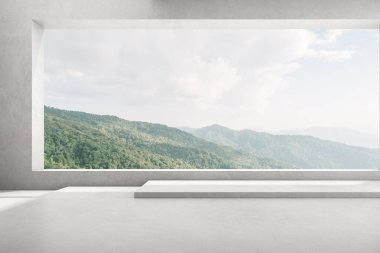 Doğa arkaplanı üzerinde geniş penceresi olan boş beton odanın 3d görüntüsü, ürün sunumu için boş alan.