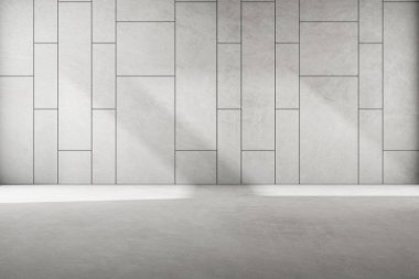 Duvarda gölgesi olan boş beton odanın 3D görüntüsü.