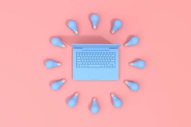 Üç boyutlu dizüstü bilgisayarda daire şeklinde bir ampul var. Asgari konsept.