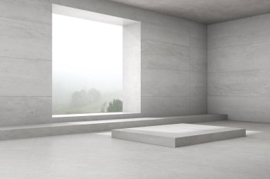 Doğa arkaplanı üzerinde geniş penceresi olan boş beton odanın 3d görüntüsü, ürün sunumu için boş alan.