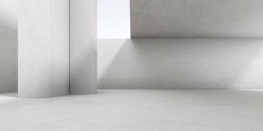 Duvarında ışık ve gölge olan boş beton odanın 3D görüntüsü.