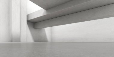 Duvarında ışık ve gölge olan boş beton odanın 3D görüntüsü.
