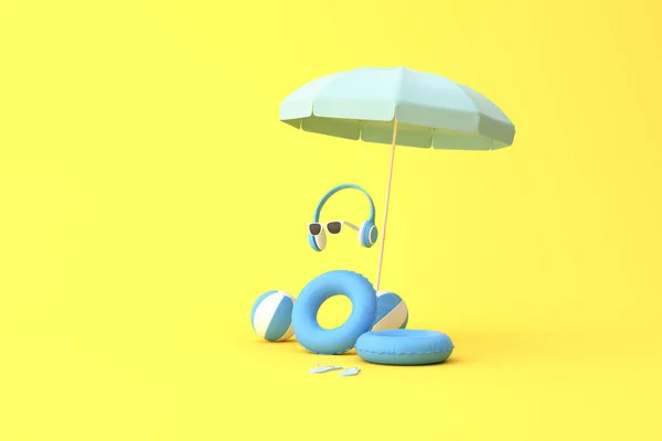 带球和橡胶圈的伞 黄色背景的眼镜 夏季概念 3D渲染的最小场景 — 图库照片