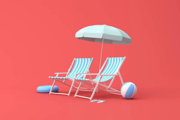 ビーチチェアと赤い背景の傘の最小シーン 夏のコンセプト 3Dレンダリング — ストック写真