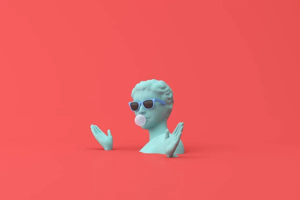 Minimal scene of sunglasses on human head sculpture with bubble gum, 3d rendering.