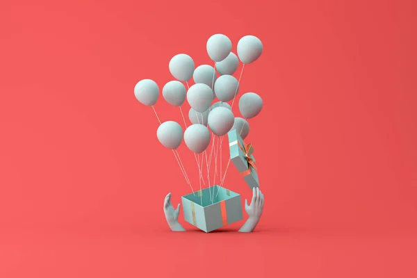 手牵手打开礼品盒和漂浮气球的最小场景 3D渲染 — 图库照片