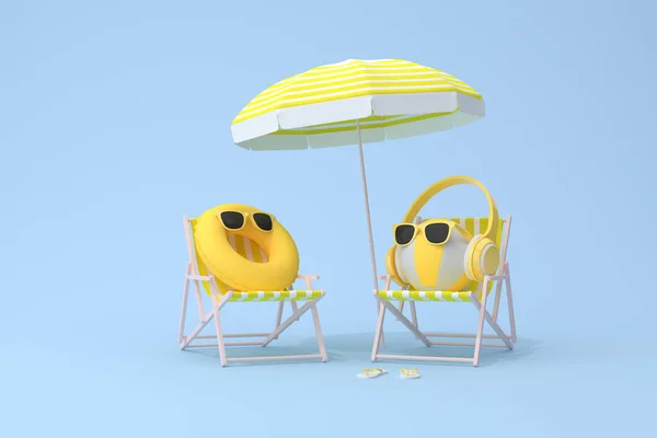부풀어 오르는 의자에 헤드폰이 노란색 자명종 컨셉트 렌더링 — 스톡 사진
