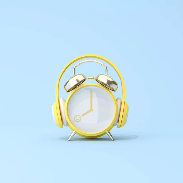 Escena Conceptual Reloj Despertador Amarillo Con Auriculares Siesta Infeliz Día — Foto de Stock