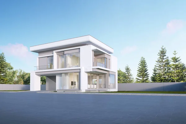 Çimenlik arka bahçesi, dış görünüşü, minimal mimarisi olan modern lüks ev manzarası. 3d oluşturma.