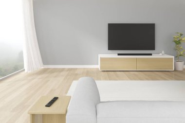 Üç boyutlu modern oturma odası, kanepe ve gri duvarda asılı televizyon ekranı..