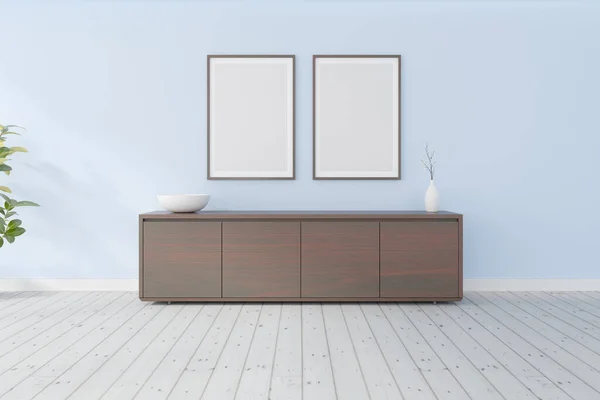 Rendering Minimal Room Wooden Cabinet Blank White Picture Frame Blue — Stock Photo, Image