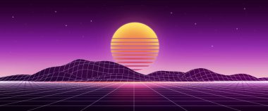 Retro 80 'in günbatımı ve ızgarası olan fütüristik geçmişi, soyut bilim kurgu kavramı. 3d oluşturma.