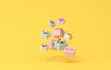 Altın konfeti parçacıklarının arka planında düşen hediye kutularının en az moda sahnesi, 3D görüntüleme.