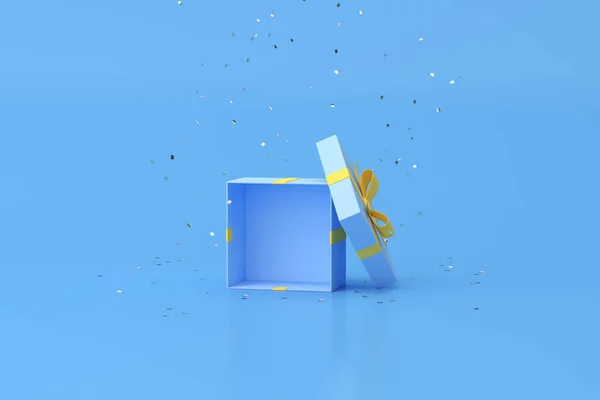 Minimal Trendige Szene Einer Offenen Geschenkbox Auf Goldenem Konfetti Hintergrund — Stockfoto