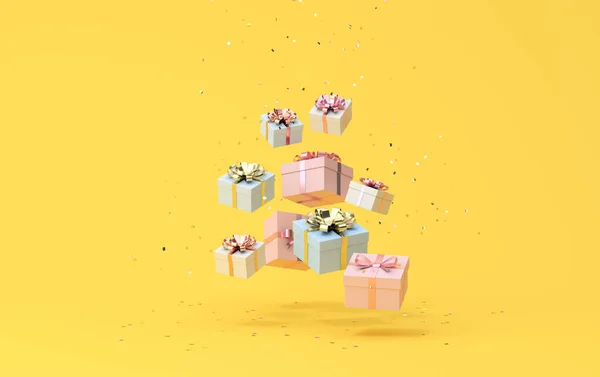 Minimal Trendy Scene Falling Gift Boxes Golden Confetti Particles Background — Stockfoto
