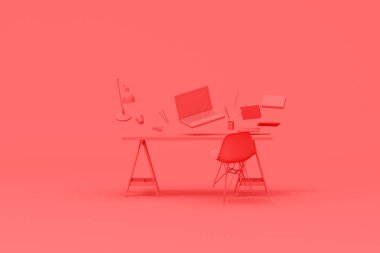 Yüzen dizüstü bilgisayar ve ofis aksesuarlarıyla çalışma masasının 3D görüntülenmesi.