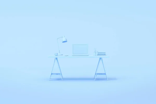 ノートパソコンやオフィスの付属品とワークスペースデスクテーブルの3Dレンダリング — ストック写真