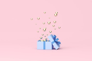 Pembe arka planda açık mavi hediye kutusundan süzülen 3 boyutlu altın küre çizimi.