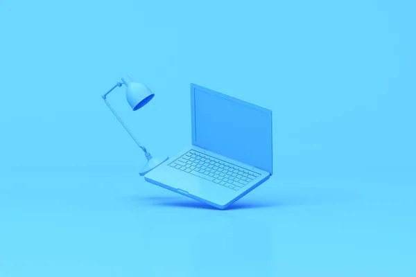 Rendering Von Laptop Und Lampe Auf Blauem Hintergrund Minimale Mockup — Stockfoto