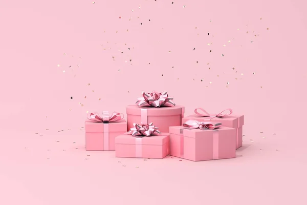 粉红背景下的礼品盒和金色彩妆粒子的最小时髦场景 3D渲染 — 图库照片