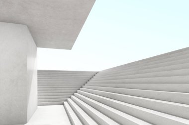 Merdiven yapısında ışık ve gölge olan boş beton boşluğun soyut 3D yansıması, gelecekçi mimari.