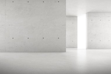 Duvarında ışık ve gölge olan boş beton odanın soyut 3D yansıması.