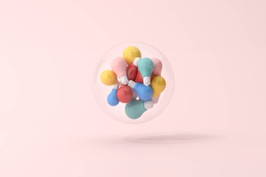 Ellerin maket sahnesinde cam kürede çeşitli renkli ampuller var. Minimum konsept, 3D görüntüleme..