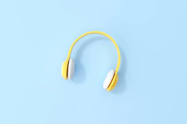 Escena Burlona Auriculares Amarillos Sobre Fondo Azul Idea Conceptual Mínima — Foto de Stock