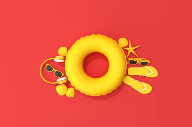 Sarı yaz plajı konseptinin en üst görüntüsü. Yaz aksesuarları, kulaklıklar, güneş gözlükleri, deniz yıldızı, kabuk, şişirilebilir yüzük ve kırmızı arka planda parmak arası terlik. 3B görüntüleme.