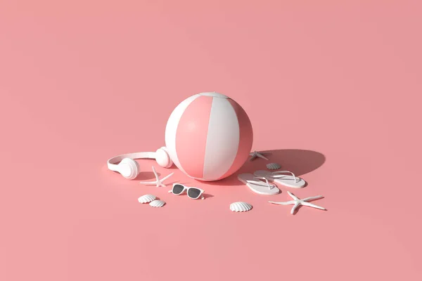 模仿粉红夏季海滩的概念 夏天配饰 太阳镜 充气球和粉色背景的触发器 3D渲染 — 图库照片
