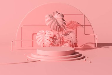 Geometrik yuvarlak podyumun en küçük sahnesinde balonlar ve ürün sunumu için bitkiler, 3D görüntüleme.
