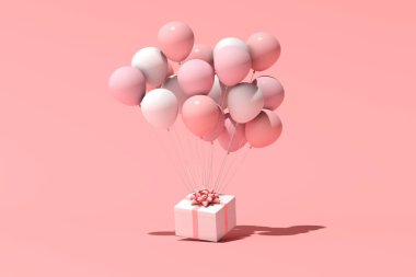 Hediye kutusu ve balonların 3D görüntüsü. Asgari konsept.