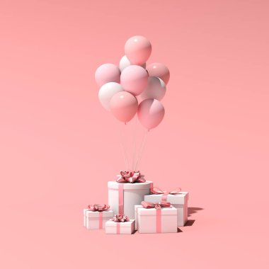 Hediye kutusu ve balonların 3D görüntüsü. Asgari konsept.