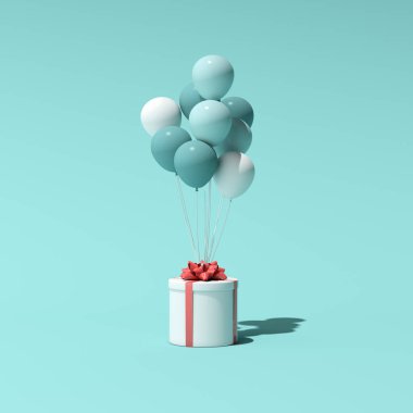 Yuvarlak hediye kutusu ve balonların 3D görüntüsü. Asgari konsept.