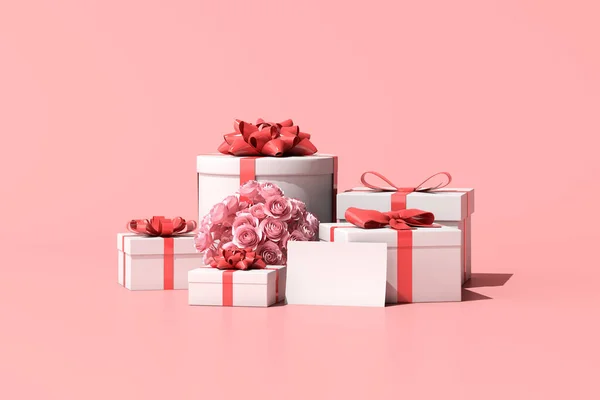 Rendering Scatola Regalo Biglietto Auguri Fiori Rosa Sfondo Rosa — Foto Stock