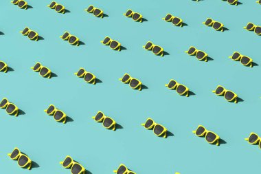 Yeşil zemin üzerinde sarı güneş gözlüğü deseninin en az moda sahnesi, yaz konsepti, 3D görüntüleme.