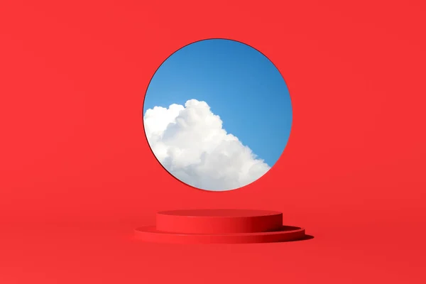 三维渲染的蓬松云在圆形窗口和红色圆形讲台上的产品演示 最低限度概念 — 图库照片