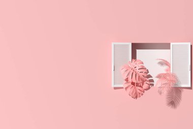 Minimum beyaz pencere manzarası ve pembe arka planda bitkiler. 3d oluşturma.