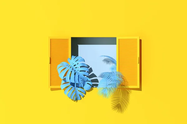 Escena Mínima Ventana Plantas Azules Sobre Fondo Amarillo Pared Renderizado —  Fotos de Stock