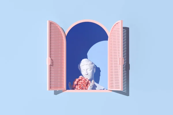 青い壁の背景に窓にバラの花と女性の彫刻の最小シーン 最小コンセプト 3Dレンダリング — ストック写真