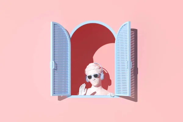 ピンクの壁の背景の青い窓の女性の彫刻の最小シーン 最小コンセプト 3Dレンダリング — ストック写真