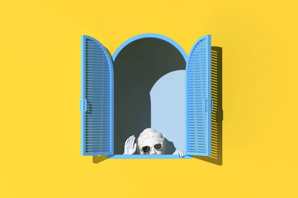 Minimalna Scena Ukrycia Ludzkiej Rzeźby Niebieskim Oknie Żółtym Tle Ściany — Zdjęcie stockowe