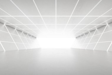 Duvarında ışık olan boş fütüristik tünel odasının soyut 3D görüntüsü. Bilim kurgu konsepti.